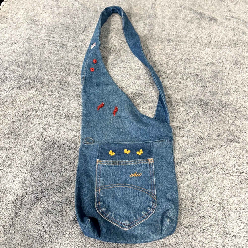 Chic Shoulder Bag Denim Embroidered Butterfly Cardinal Ladybug Patchwork 21922